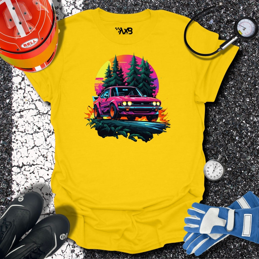 Retro Rally Car T-Shirt – Neon Sunset Edition