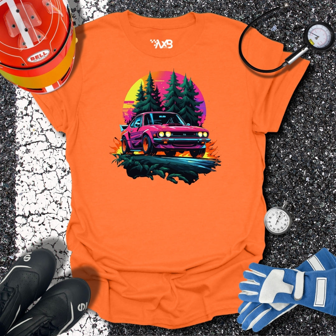 Retro Rally Car T-Shirt – Neon Sunset Edition