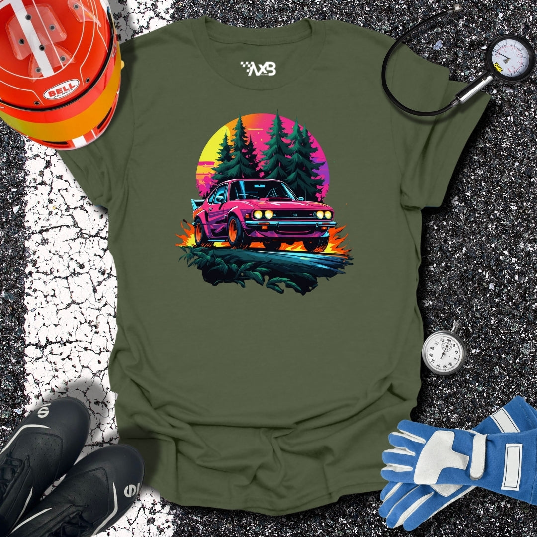 Retro Rally Car T-Shirt – Neon Sunset Edition