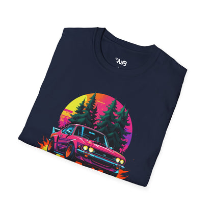 Retro Rally Car T-Shirt – Neon Sunset Edition